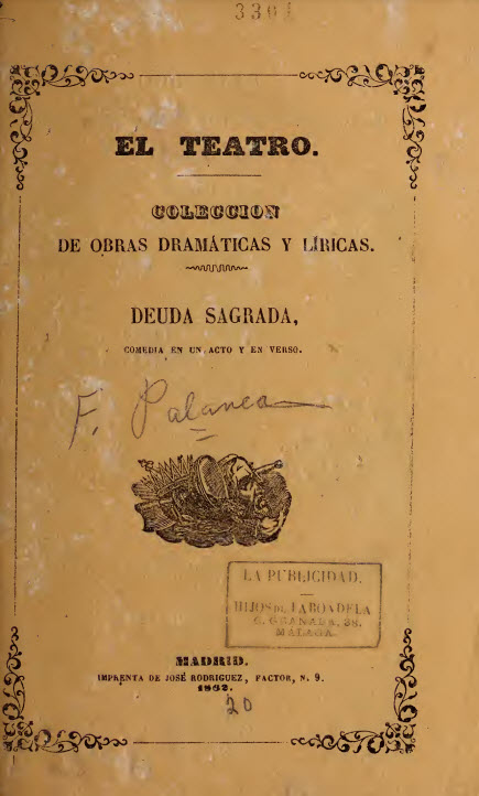 Deuda sagrada : pieza en un acto y en verso