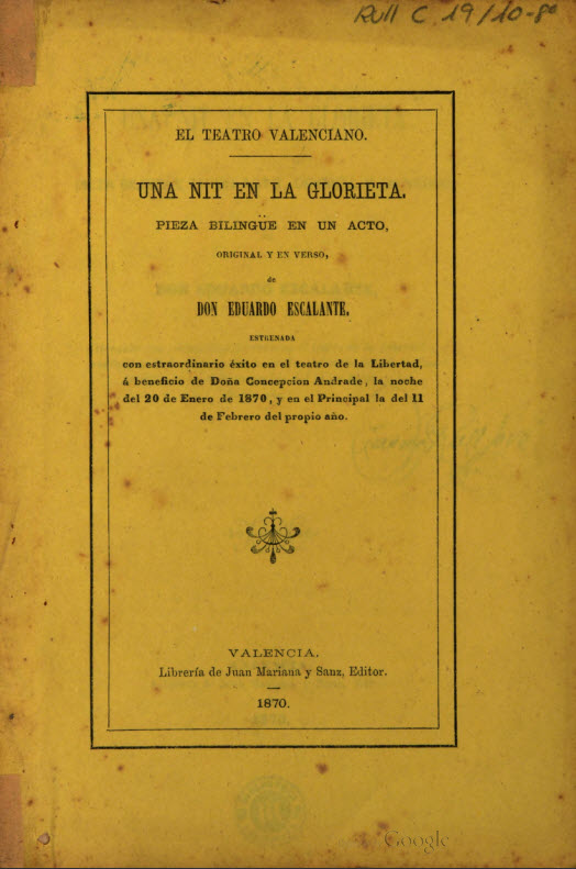 Una Nit en la glorieta: pieza bilingüe en un acto, original y en verso